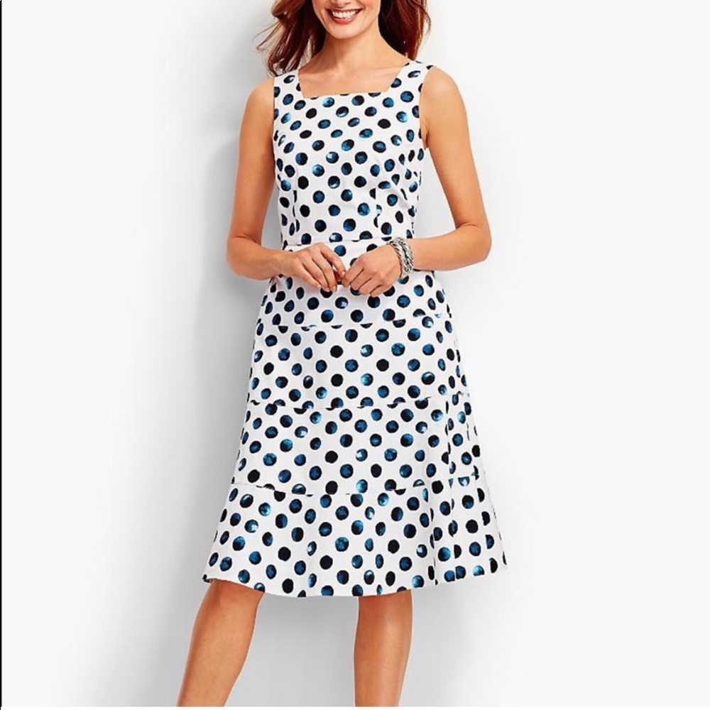 Talbots Women's Polka Dot Watercolor
Square Neck Flare Dress White Navy Blue 12